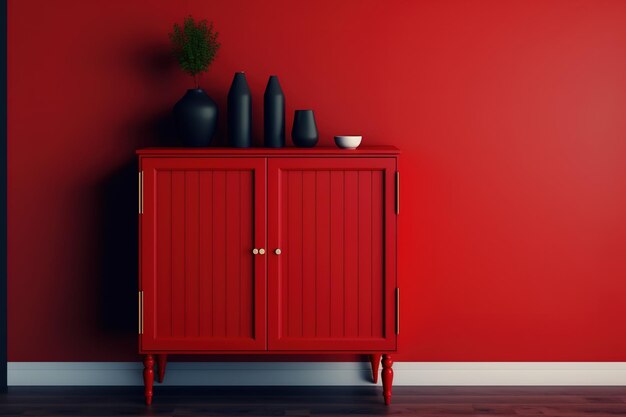 Foto gabinete en un piso de madera y un fondo rojo en un diseño de interiores para una sala de estar o recepción