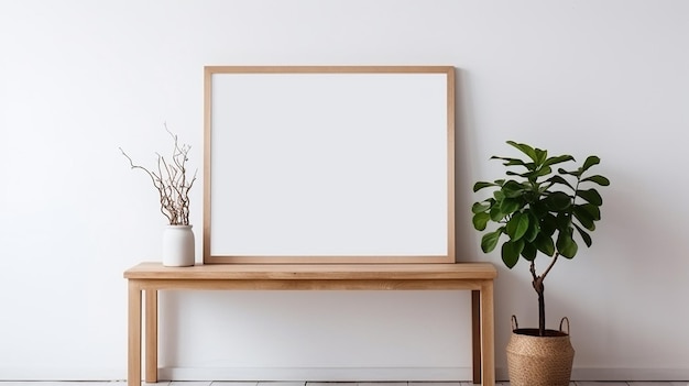 Gabinete rústico de madera con marco de póster en blanco junto a la pared