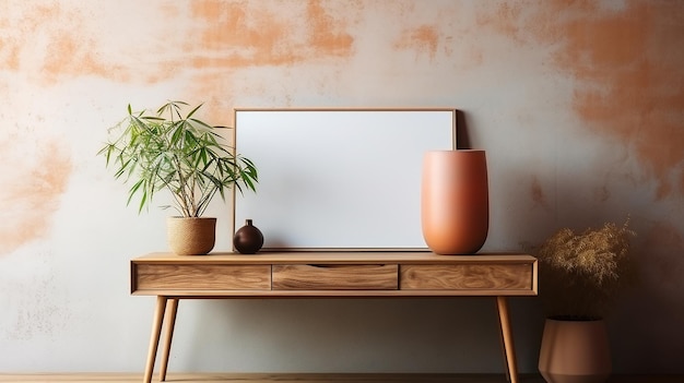 Gabinete rústico de madera con marco de póster en blanco junto a la pared