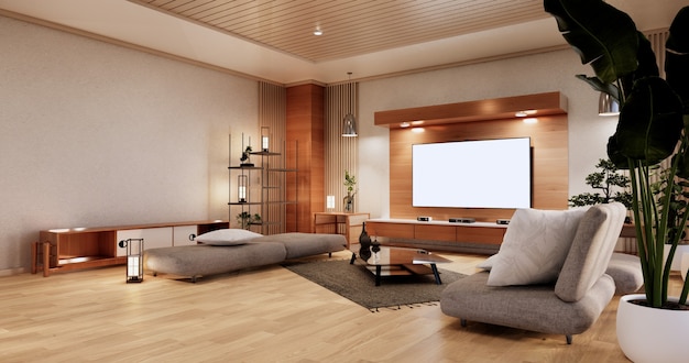 Gabinete en la sala de estar con piso de tatami y diseño de sillón sofá. Representación 3D