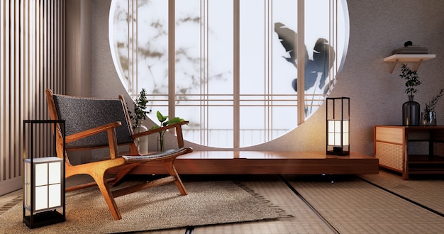 Gabinete simulado, sala de estar mínima, piso de tatame e design de poltrona. Renderização 3D