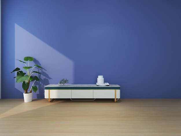 Gabinete de TV blanco, plantas verdes y paredes azul oscuro, representación 3D