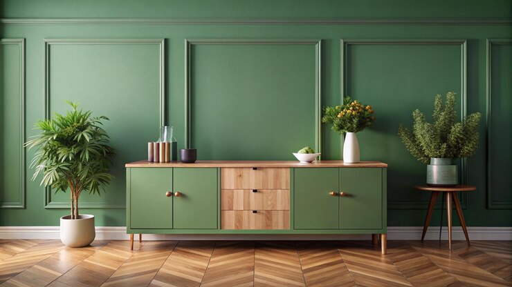 un gabinete verde con una planta en él