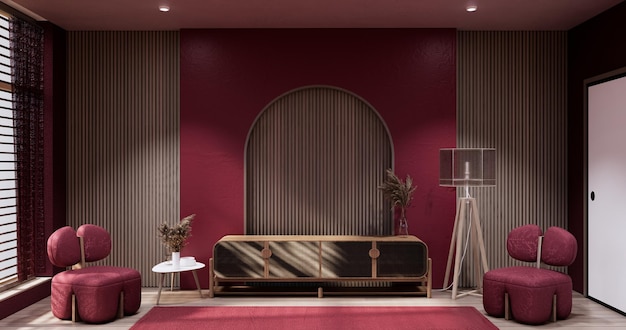 Gabinete en Viva magenta Salón con pared roja y sillón estilo japandi
