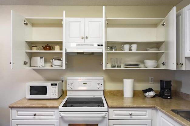 Gabinetes abiertos y electrodomésticos primarios en la cocina de una casa promedio