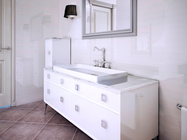 Foto gabinetes blancos brillantes en estilo moderno de baño privado. render 3d