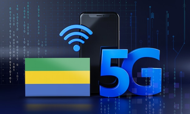 Gabón listo para el concepto de conexión 5G. Fondo de tecnología de teléfono inteligente de renderizado 3D