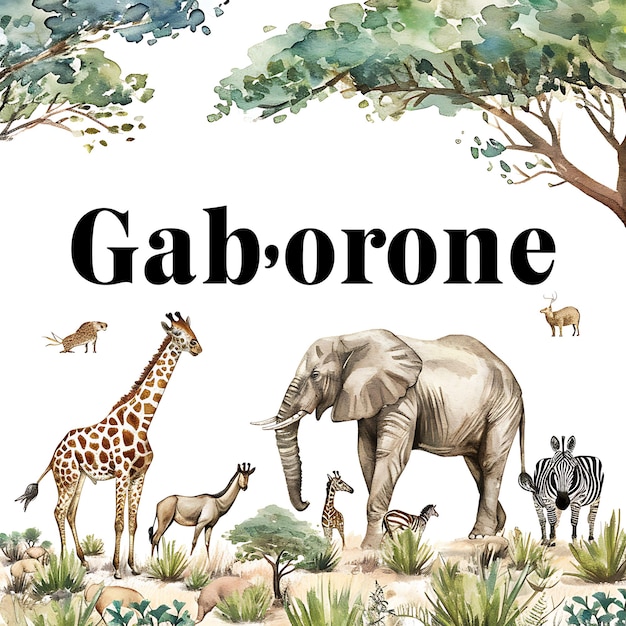 Gaborone-Text mit modernem Sans-Serif-Typografie-Design-Stil, Aquarell-Landschaftskunst-Sammlung