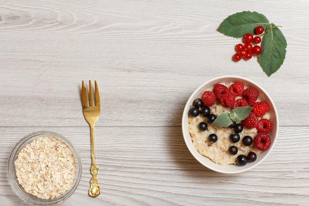 Gachas de avena en cuenco de porcelana con bayas de grosella y frambuesas decoradas con hojas de menta