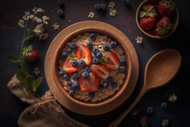 Foto gachas de avena sanas y deliciosas con arándanos frescos y fresas