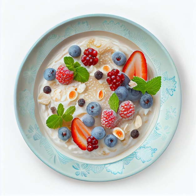 Gachas de desayuno saludable con bayas en un plato aislado sobre un fondo blanco IA generativa