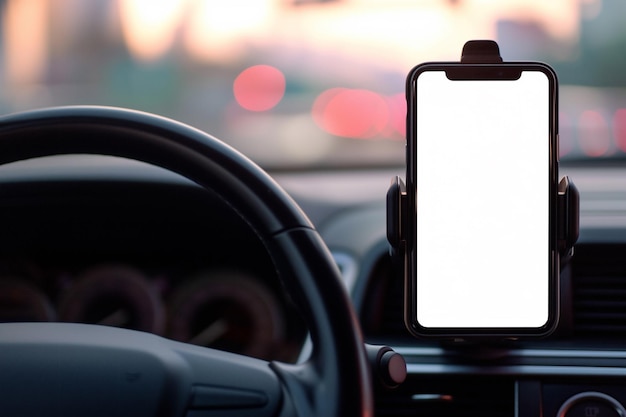 Gadget de dispositivo smartphone moderno montado en el soporte del teléfono en el salpicadero del coche