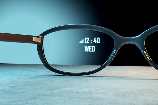 Gadget moderno y concepto de realidad aumentada con hora y fecha digitales en gafas en representación 3D de superficie de hormigón