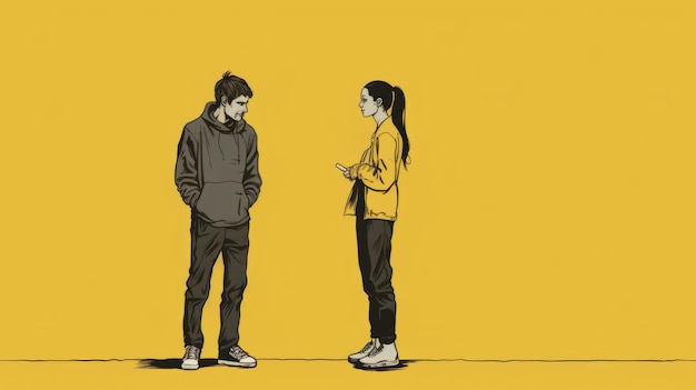 Gadgetpunk-inspirierte Kunstillustration von zwei Menschen, die sich auf einem gelben Hintergrund unterhalten