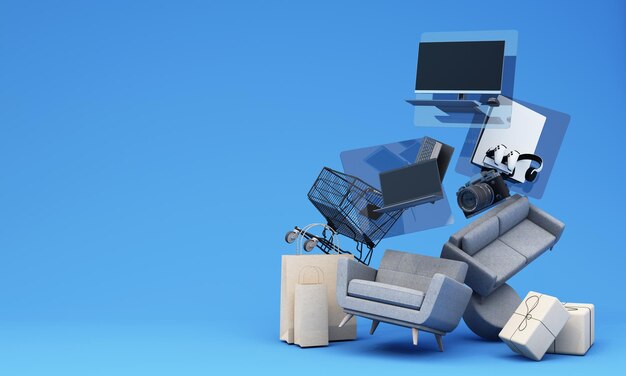 Gadgets y accesorios consola de juego con PC y portátil descuento promocional con caja de regalos y soporte de productos para marketing en línea en estilo de dibujos animados renderización 3D en fondo pastel