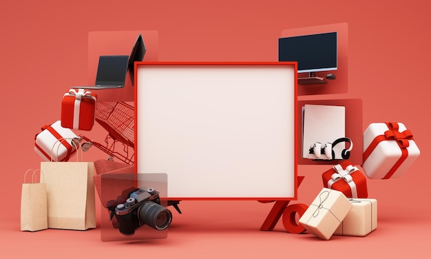 Gadgets y accesorios consola de juego con PC y portátil descuento promocional con caja de regalos y soporte de productos para marketing en línea en estilo de dibujos animados renderización 3D en fondo pastel