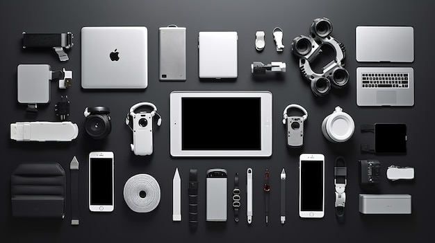 Foto gadgets y dispositivos tecnológicos dispuestos de una manera organizada ia generativa