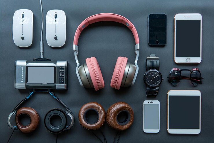 Foto gadgets e dispositivos modernos para jovens em fundo preto
