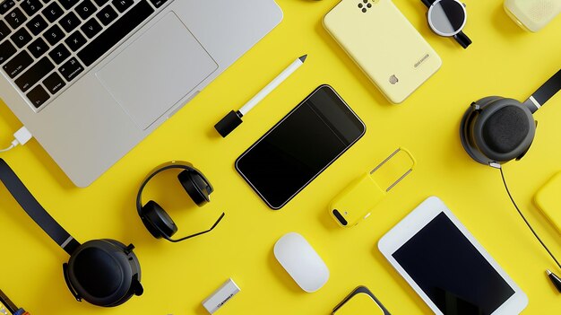 Foto gadgets modernos de trabalho e entretenimento em um fundo amarelo vista superior flat lay ia geradora