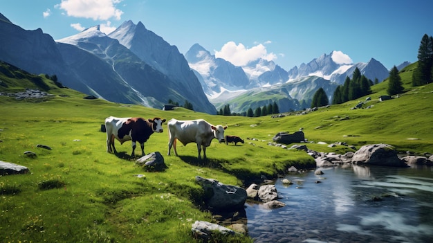 Gado pastando na grama nos Alpes suíços