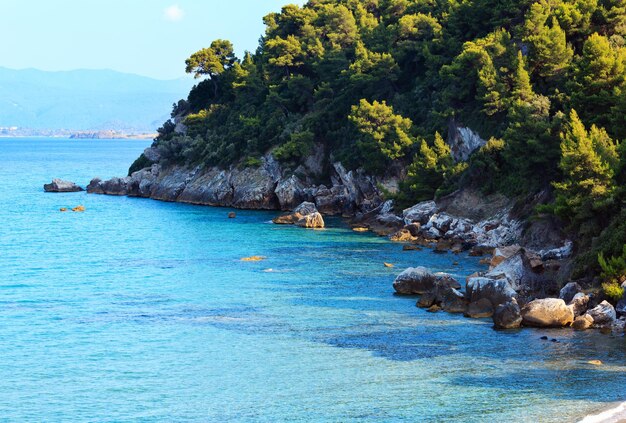 Ägäische Küstenlandschaft mit Wald am felsigen Ufer (Sithonia, Chalkidiki, Griechenland).