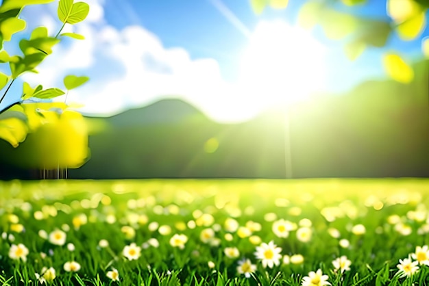 Gänseblümchen im Gras mit einem Sonnenstrahl im Hintergrund