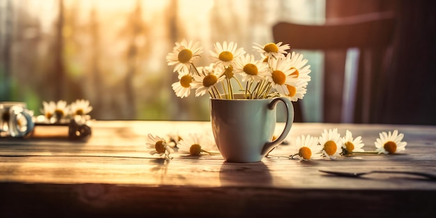 Gänseblümchen in gelber Tasse auf einem Holztisch im Frühlingssonnenaufgang