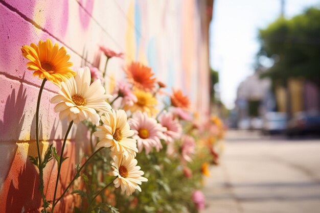 Foto gänseblümchen mit einem bunten straßenmarkt im hintergrund