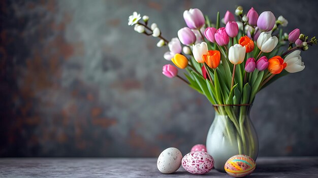 Gänseblümchen und farbige Eier mit Ostern-Thema im Hintergrund