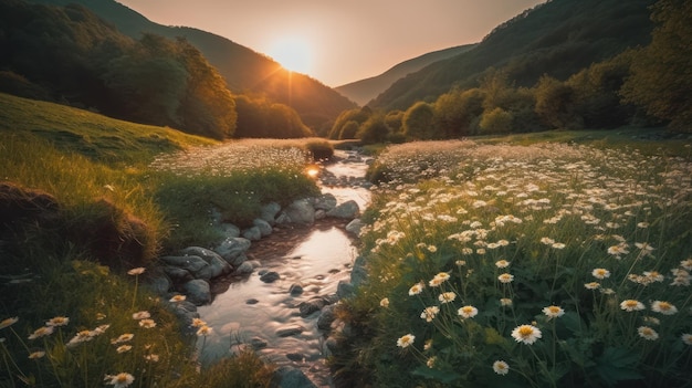 Gänseblümchenfeld mit wunderschönem Sonnenuntergangshimmel Generative KI