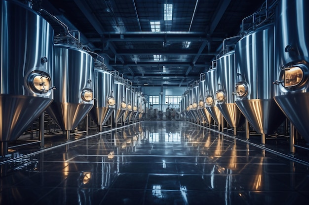 Gärmaischebottiche oder Kesseltanks in einer Brauereifabrik Innenraum einer Brauereianlage Fabrik zur Herstellung von Bier Moderne Herstellung von Fassgetränken Selektiver Fokus