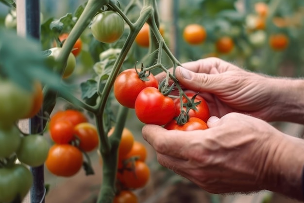 Gärtner handpflücken rote tomate generative ai