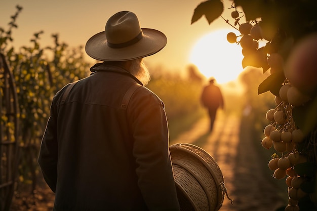 Gärtner im Apfelgarten morgens bei Sonnenaufgang Abbildung Generative KI