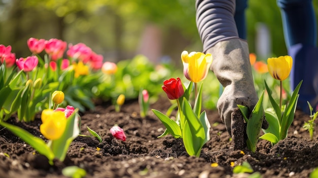 Gärtner pflanzt Blumen im Garten