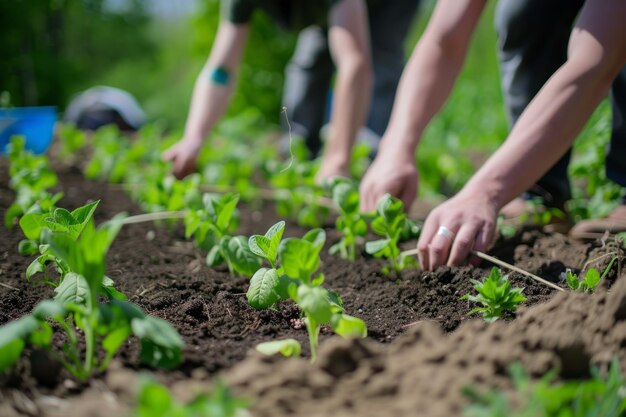 Gärtner pflegen einen lebendigen Gemeinschaftsgarten, säen Samen und pflegen das Grün