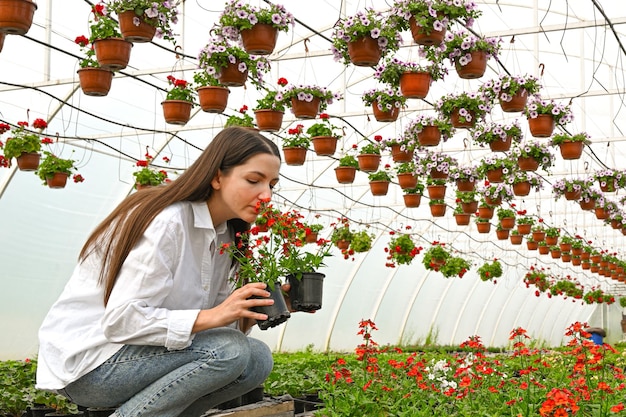 Gärtnerin schnüffelt Blume gegen große Blumenplantagen Menschen Job- und Lifestyle-Konzept