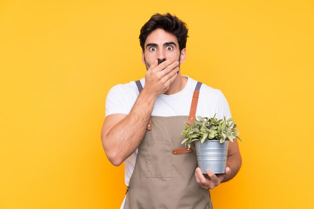 Gärtnermann mit Bart über isolierter gelber Wand mit überraschendem Gesichtsausdruck