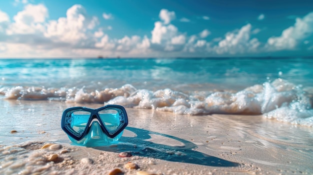 Gafas de buceo descansan en la playa de arena con vistas a las aguas azules