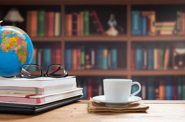 Foto gafas de café blancas con libros apilados y computadora portátil negra en una mesa de madera con estantería borrosa en el área de la habitación de la oficina del hogar