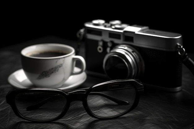 Foto gafas de cámara retro vintage y taza de café sobre fondo blanco y negro