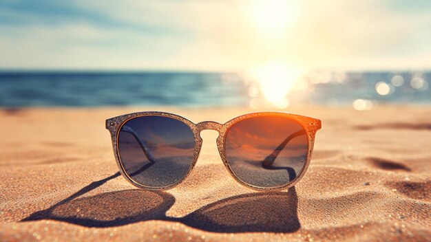 Gafas de sol oscuras tiradas in der Arena mit Ausblick auf das Meer im Winter