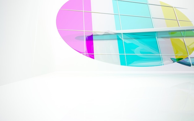 Gafas de degradado blanco y coloreado abstracto espacio público multinivel interior con ventana. 3D
