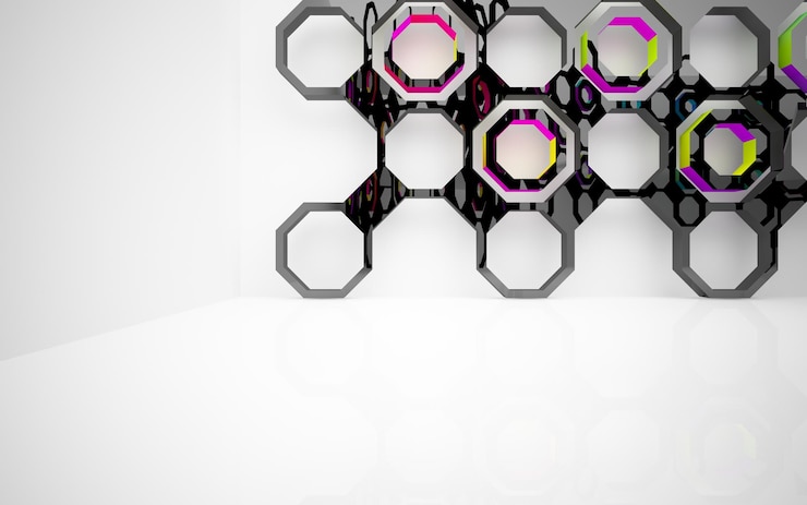 Foto gafas de degradado blanco y coloreado abstracto espacio público multinivel interior con ventana. 3d