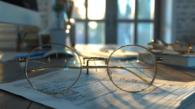 Foto gafas en el escritorio con una cálida luz de la ventana en el fondo