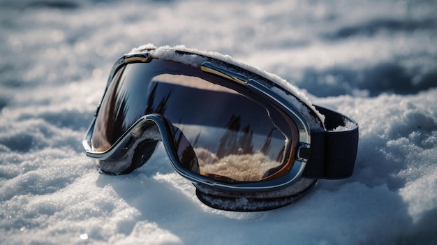 Gafas de esquí en la nieve primer plano fondo de montaña Recreación activa deportes de invierno En los rayos del sol