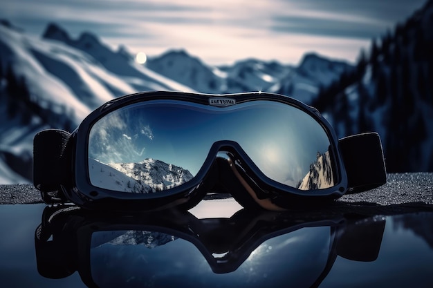 Gafas de esquí con reflejo de montañas generadas por IA