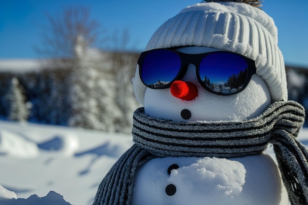 Gafas de esquí sobre un muñeco de nieve en primer plano