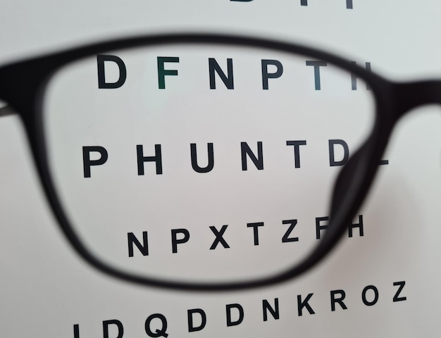 Gafas en el fondo del primer plano de la tabla de prueba ocular