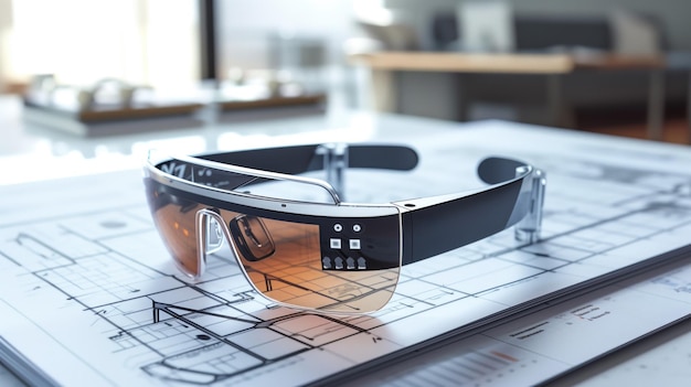 Gafas inteligentes de realidad aumentada con una pantalla headsup sobre planos arquitectónicos