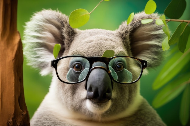 Foto gafas con koala contra un fondo verde frondoso